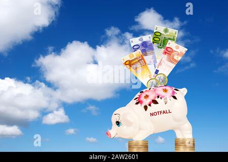 Piggybank di fronte al cielo nuvoloso su euro monete con euro banconote e lettere di emergenza , Germania Foto Stock