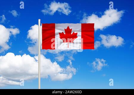 Bandiera del Canada di fronte al cielo nuvoloso blu, Canada Foto Stock