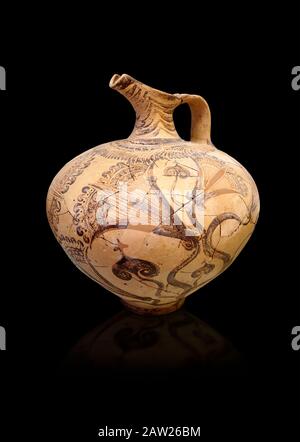 Caraffa minoica greca decorata con fogliame design, Cnosso-Venizeleio 1450-1450 a.C., Museo Archeologico di Heraklion, sfondo nero Foto Stock