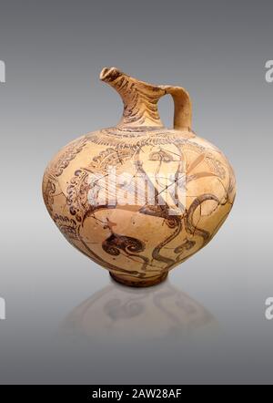 Caraffa minoica greca decorata con fogliame design, Cnosso-Venizeleio 1450-1450 a.C., Museo Archeologico di Heraklion, sfondo grigio Foto Stock