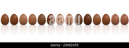 Uova di Pasqua al cioccolato. Foderato con diversi tipi di cioccolato e motivi, cioccolato fondente, chiaro e al latte. Illustrazione tridimensionale su bianco. Foto Stock