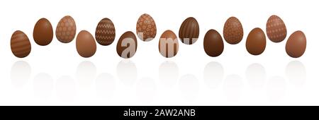 Uova di Pasqua al cioccolato. Foderato con diversi tipi di cioccolato e motivi, cioccolato fondente, chiaro e al latte. Illustrazione tridimensionale su bianco. Foto Stock