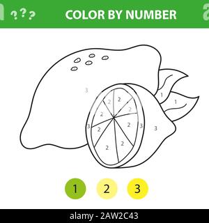 Illustrazione vettoriale colorazione per numeri gioco educativo con cartone animato limone per i bambini Illustrazione Vettoriale