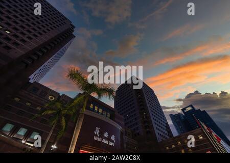 Singapore. Gennaio 2020. Una vista panoramica del centro commerciale Ngee Ann City al tramonto Foto Stock