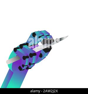 Il braccio robotizzato è in possesso di bisturi medici. Isolato su sfondo bianco. Illustrazione vettoriale Illustrazione Vettoriale