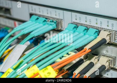 I cavi Internet in fibra ottica sono collegati al router centrale. Connessione a Internet ad alta velocità. Il server di routing si trova nel data center. Foto Stock