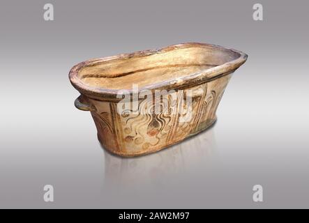 Vasca da bagno in ceramica minoica larnax decorata con ottusi stilizzati, Episkopi-Lerapetra 1350-1250 a.C., Museo Archeologico di Heraklion, backgroun grigio Foto Stock