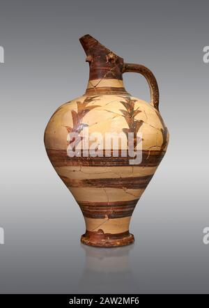 Caraffa Minoan decorata per l'esportazione, Porto di Kommos 1600-1450 a.C.; Museo Archeologico di Heraklion, sfondo grigio. Foto Stock