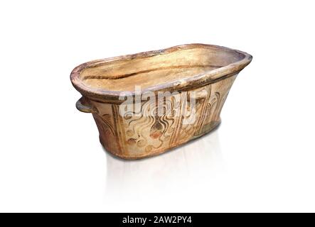 Vasca da bagno in ceramica minoica larnax decorata con ottusi stilizzati, Episkopi-Lerapetra 1350-1250 a.C., Museo Archeologico di Heraklion, backgrou bianco Foto Stock