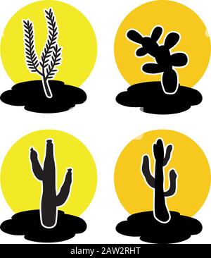 icone vettoriali di cactus nel deserto all'alba o al tramonto. cactus cartone animato isolato su sfondo bianco. Illustrazione Vettoriale