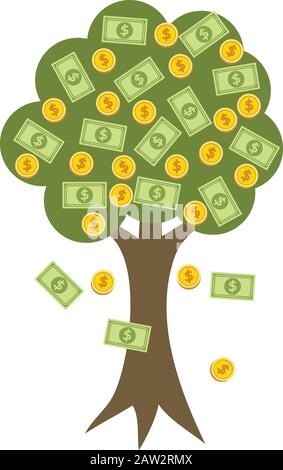 vettore money tree with golden coins as fruits and dollars as green leaves. business growth finance illustrazione concetto. banca investimento o prestito symbo Illustrazione Vettoriale