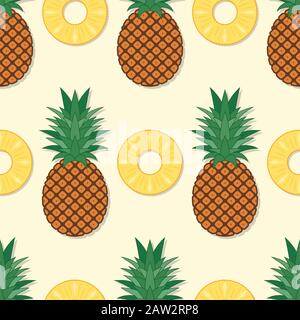 modello di ananas senza cuciture vettoriale con ananas intero e affettato. ripetizione sfondo piatto estivo Illustrazione Vettoriale