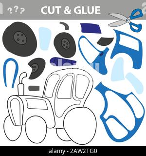 Cut and Glue - un gioco educativo per i bambini. Trattore Blu. Taglia e incolla Illustrazione Vettoriale