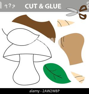 Educazione gioco di carta per bambini prescolare. Tagliare parti dell'immagine e incollare sulla carta. Utilizzare forbici e colla per creare la finitura. Fungo Illustrazione Vettoriale