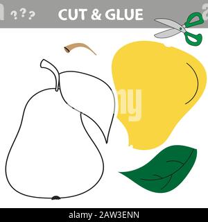 Educazione gioco di carta per bambini prescolare. Artigianato carta per bambini. Utilizzare forbici, tagliare parti dell'immagine e colla per creare la pera. Illustrazione Vettoriale