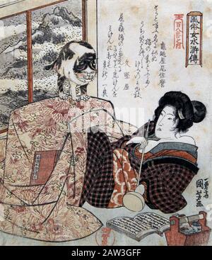 Donna con gatto sul tavolo 1832 di Utagawa Kuniyoshi 歌川 國芳 (1792-1861) (dalla serie Elegant Women per il romanzo di Suikoden). Foto Stock