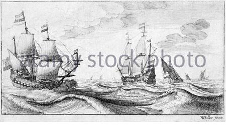 Due Navi Da Guerra a vela, attacco del boemo Wenceslaus Hollar da 1600s Foto Stock