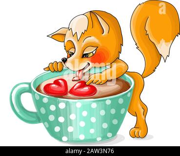 illustrazioni vettoriali san valentino, volpe rossa cattura i cuori nel caffè Illustrazione Vettoriale