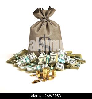 Borsa di denaro con molte banconote e pile di monete d'oro di fronte ad essa. Illustrazione 3D su sfondo bianco. Foto Stock