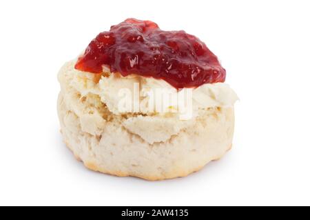 Monolocale con scones fatti in casa, panna coagulata e confettura di fragole. Quando la marmellata è in cima ha detto che è una versione Devonshire - John Gollop Foto Stock