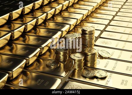 Lingotti oro bar impilati allineati con alcuni stack di monete d'oro dollaro. Illustrazione 3D su sfondo bianco. Foto Stock