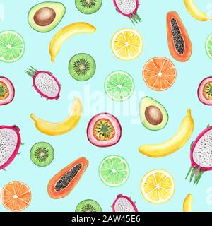 Modello senza cuciture con banane gialle, frutto della passione, papaia, limone, kiwi, pitahaya e lime. Frutti acquerelli carini. Brillante illustrazione della fru estiva Foto Stock