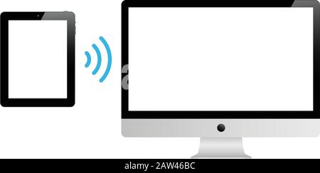 Tablet con dispositivo intelligente connesso tramite connessione wireless wifi al pc. Illustrazione del vettore di stock isolata su sfondo bianco. Illustrazione Vettoriale