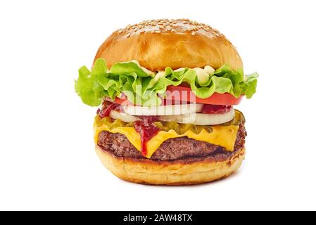 Grande hamburger isolato su bianco. Tracciato di ritaglio incluso Foto Stock