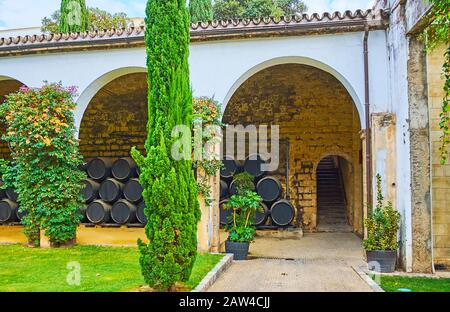 Jerez, SPAGNA - 20 SETTEMBRE 2019: Il cortile ombreggiato della cantina Bodegas Tio Pepe con prato verde, piccolo giardino e botti di rovere sherry, accatastato in arcate Foto Stock