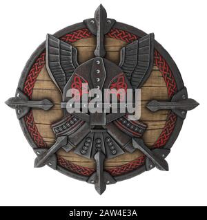 Fantasy rotondo viking scudo di legno su uno sfondo bianco isolato. illustrazione 3d Foto Stock