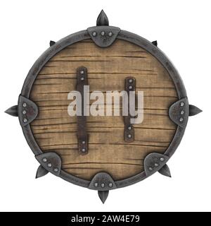 Fantasy rotondo viking scudo di legno su uno sfondo bianco isolato. illustrazione 3d Foto Stock