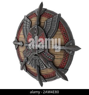 Fantasy rotondo viking scudo di legno su uno sfondo bianco isolato. illustrazione 3d Foto Stock