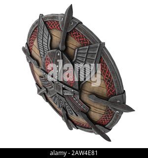 Fantasy rotondo viking scudo di legno su uno sfondo bianco isolato. illustrazione 3d Foto Stock