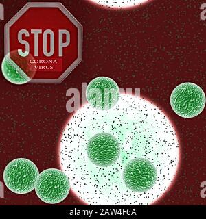 Stop sign con testo 'Corona Virus' vista al microscopio. Romanzo coronavirus 2019-nCoV, MERS-Cov. Illustrazione Foto Stock