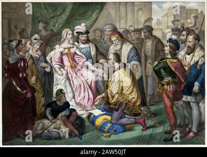 1840 ca, FRANCIA : L'operaio italiano CRISTOFORO COLOMBO (1451-1506) riceve dalla Regina Isabel II di Spagna ( 1451-150 Foto Stock