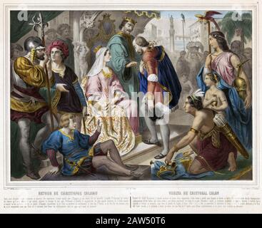 1840 ca, FRANCIA : L'operaio italiano CRISTOFORO COLOMBO (1451-1506) ricevuto dalla Regina Isabel II di Spagna (1451-1504) Foto Stock