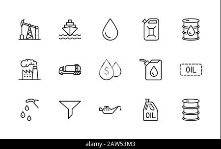 Set Di Icone Della Linea Vettore Relative All'Olio. Contiene icone come Fuel Truck, gas Station, Oil Factory, Transportation e altro ancora. Traccia Modificabile. 32x32 Illustrazione Vettoriale