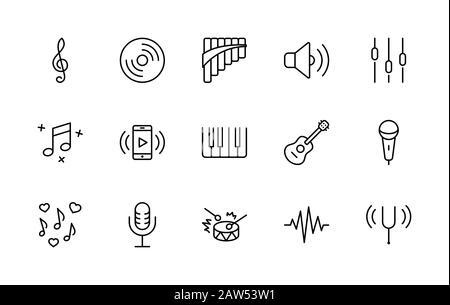 Set Di Icone Della Linea Vettoriale Correlate Alla Musica. Contiene icone come Pan Flute, piano, chitarra, Treble Clef, in-ear e molto altro. Traccia Modificabile. 32x32 Pixel Illustrazione Vettoriale