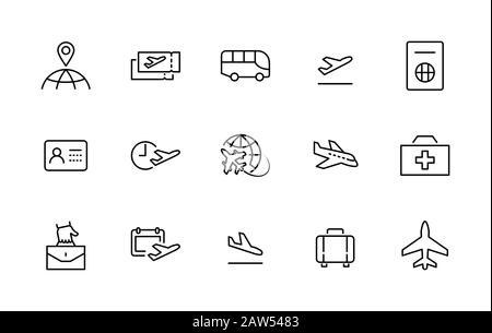 Set Di Icone Della Linea Vettoriale Relative A Airport. Contiene icone quali Globe, partenza, Aereo, autobus, biglietti, ritiro bagagli, calendario, kit e altro ancora Illustrazione Vettoriale