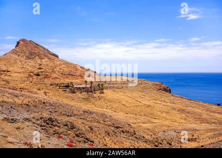 Paesaggio montagnoso / casa solitaria / ranch con palme - penisola Ponta de Sao Lourenco - a est di Madeira Foto Stock