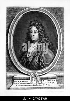 1690 ca , FRANCIA : IL drammaturgo francese JEAN RACINE ( 1639 - 1699 ) . Ritratto dell'incisore francese P. Dupin , tratto dalla pittura originale di J.B. Santerre Foto Stock