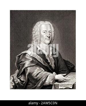 1745 ca , GERMANIA : il celebre compositore tedesco di musica barocca Georg Philipp Telemann ( 1681 – 1767 ). Ritratto inciso dell'artista Georg Lichtenste Foto Stock