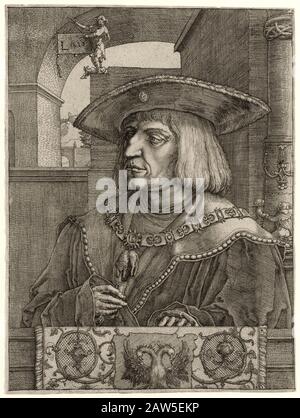 1520 , AUSTRIA : Sacro Romano imperatore Massimiliano i d'Austria ( 1459 – 1519 ). Ritratto incisione di Lucas van Leyden ( ca. 1494 – 1533 ), 1520 . AB Foto Stock