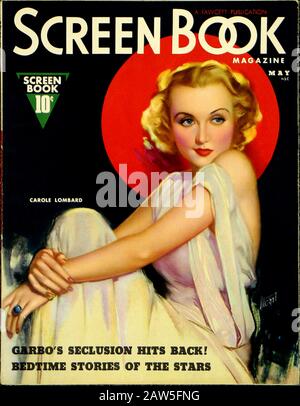 1937 , USA : La star del cinema CAROLE LOMBARD ( 1908 – 1942 ) moglie di Clark Gable dal marzo 1939, copertina DEL film fan rivista SCREEN BOOK , maggio 1937 Foto Stock