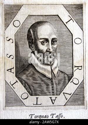 Il poeta e scrittore italiano TORQUATO TASSO ( 1544 - 1595 ), incisione ritratto del XVII secolo . Autore del celebre libro GERUSALEMME LIBERATA ( 15 Foto Stock