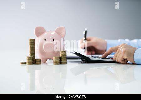 Uomo Che Calcola Risparmi E Costi. Vista Laterale Foto Stock