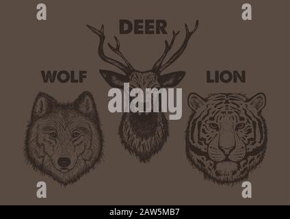 Illustrazione della testa di un animale vintage Set. Teste disegnate a mano di animali selvatici Tiger, Wolf e Deer. Illustrazione del vettore disegnato a mano Illustrazione Vettoriale