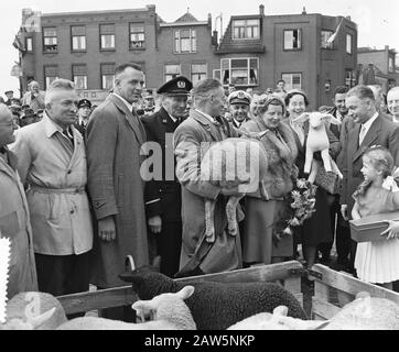 Visita reale a Leiden. Queen Juliana del mercato Delle Pecore Data: 21 maggio 1954 luogo: Leiden, South Holland Parole Chiave: Visita, regine, re, pecora Nome: Juliana, regina Foto Stock