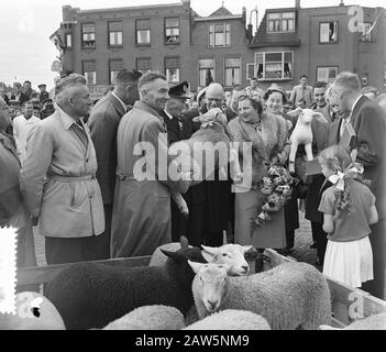 Visita reale a Leiden. Queen Juliana del mercato Delle Pecore Data: 21 maggio 1954 luogo: Leiden, South Holland Parole Chiave: Visita, regine, re, pecora Nome: Juliana, regina Foto Stock