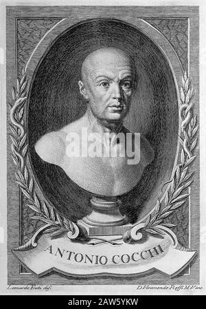 1750 ca , ITALIA : Ritratto DI ANTONIO COCCHI ( 1695 – 1758 ) . Incisione D. Vermondo Rossi , dopo il ritratto originale di Leonardo Frati . Era un Foto Stock